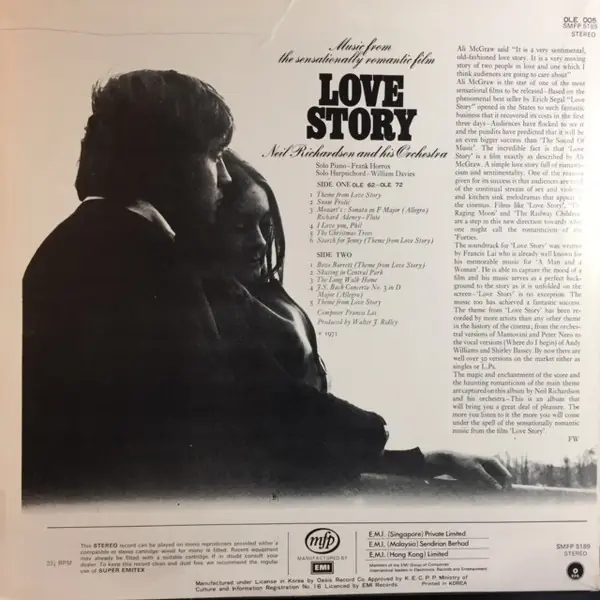 Neil Richardson And His Orchestra - (Music From The Sensationally Romantic Film) Love Story 뒷면