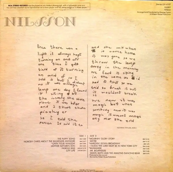 Harry Nilsson - Harry 뒷면