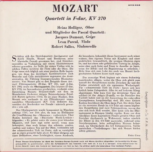 Wolfgang Amadeus Mozart / Heinz Holliger / Jacques Dumont / Léon Pascal / Robert Salles - Quartett In F-dur, KV 370 뒷면