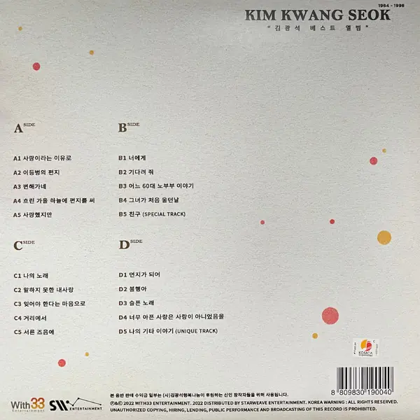 김광석 - 베스트 앨범 = Best Album 뒷면