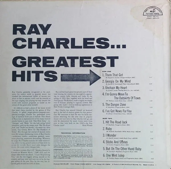 Ray Charles - Greatest Hits 뒷면