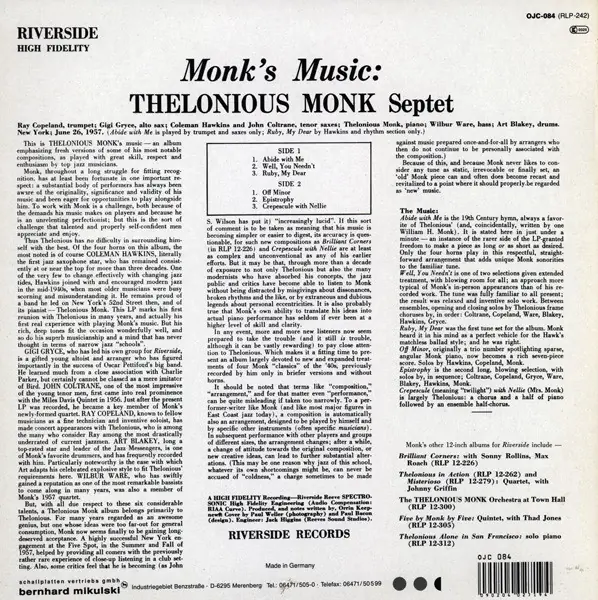 Thelonious Monk Septet - Monk's Music 뒷면
