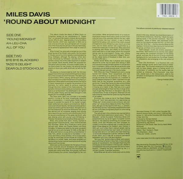 Miles Davis - 'Round About Midnight 뒷면