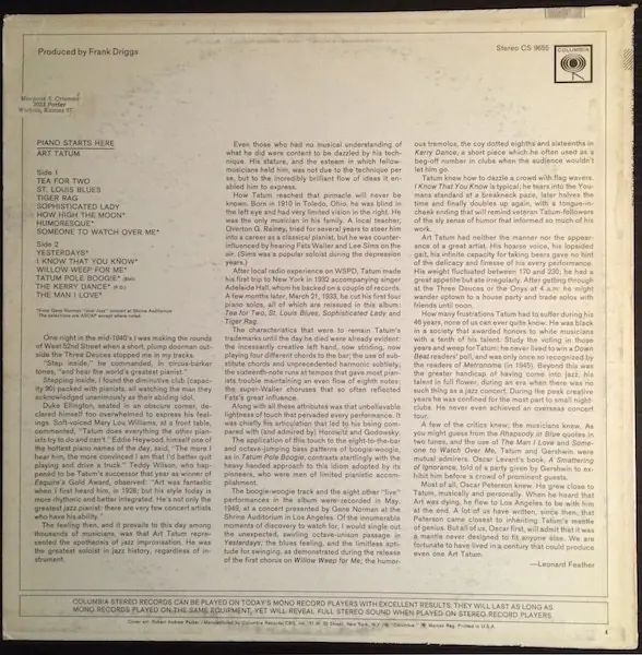 Art Tatum - Piano Starts Here 뒷면