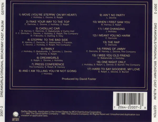 "Dreamgirls" Original Broadway Cast - Dreamgirls Original Broadway Cast Album 뒷면