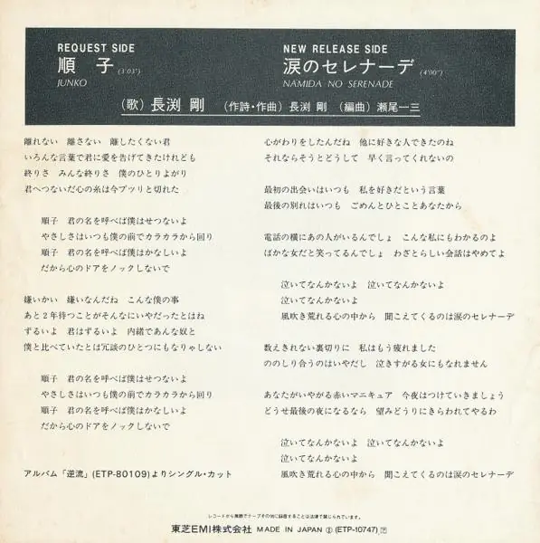 長渕剛 - 順子 = Junko / 涙のセレナーデ = Namida No Serenade 뒷면