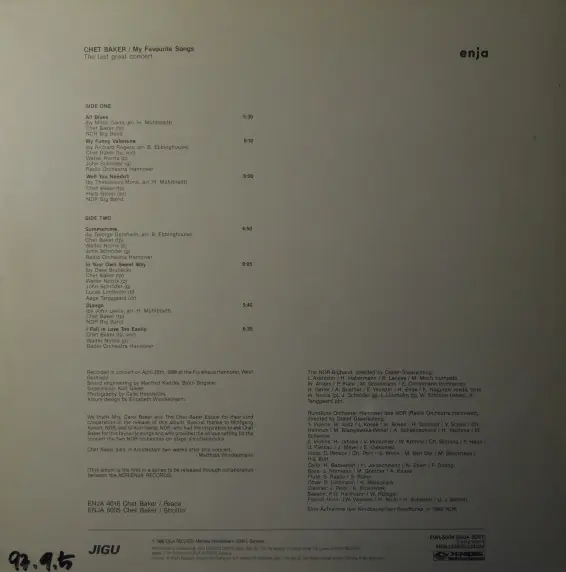 Chet Baker - My Favourite Songs - The Last Great Concert 뒷면