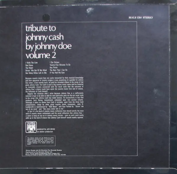 Johnny Doe - Tribute To Johnny Cash Volume 2 뒷면