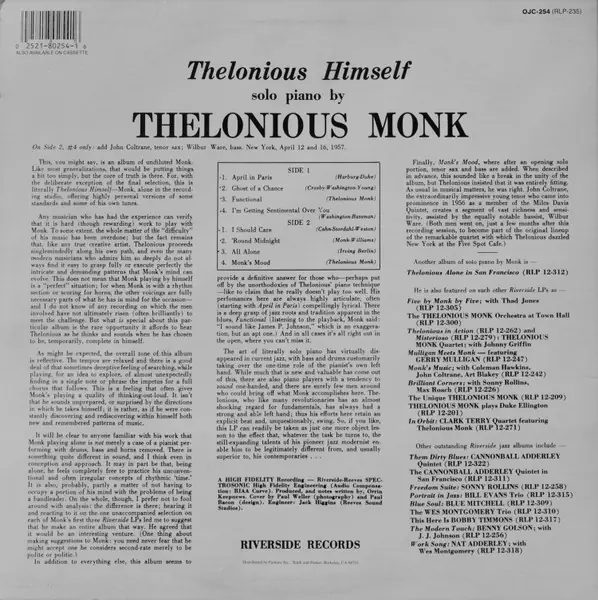 Thelonious Monk - Thelonious Himself 뒷면