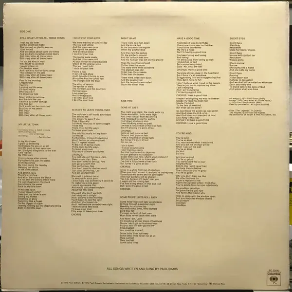 Paul Simon - Still Crazy After All These Years 뒷면